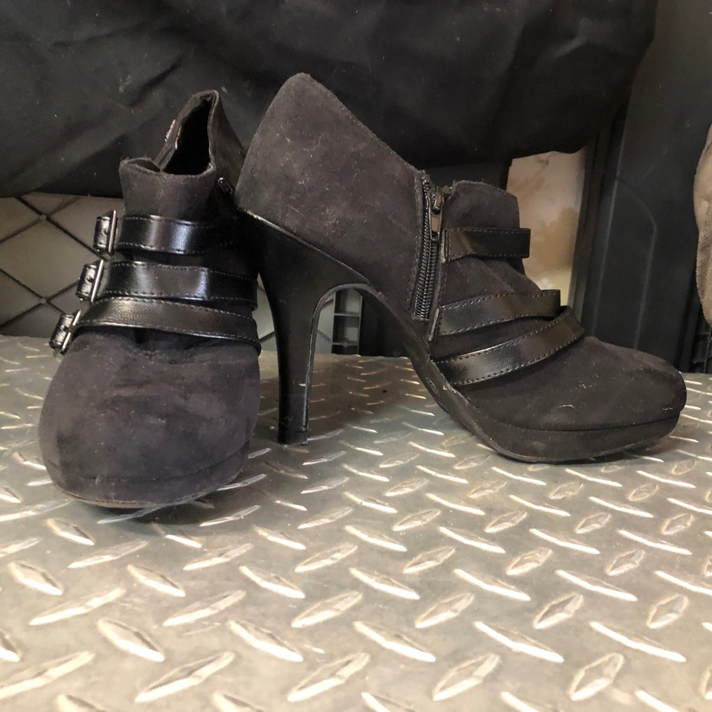 Women's Fergalicious "Believin" -- black fabric shootie, 4.25" heel